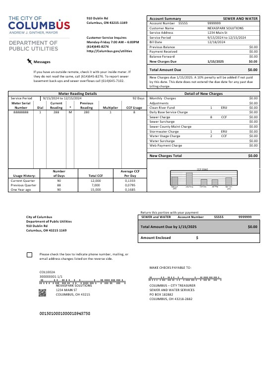 USA Ohio City of Columbus business utility bill template in Word and PDF formats